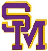 Belpre High School Purple and Gold Block M Logo, Thick Outline Typography